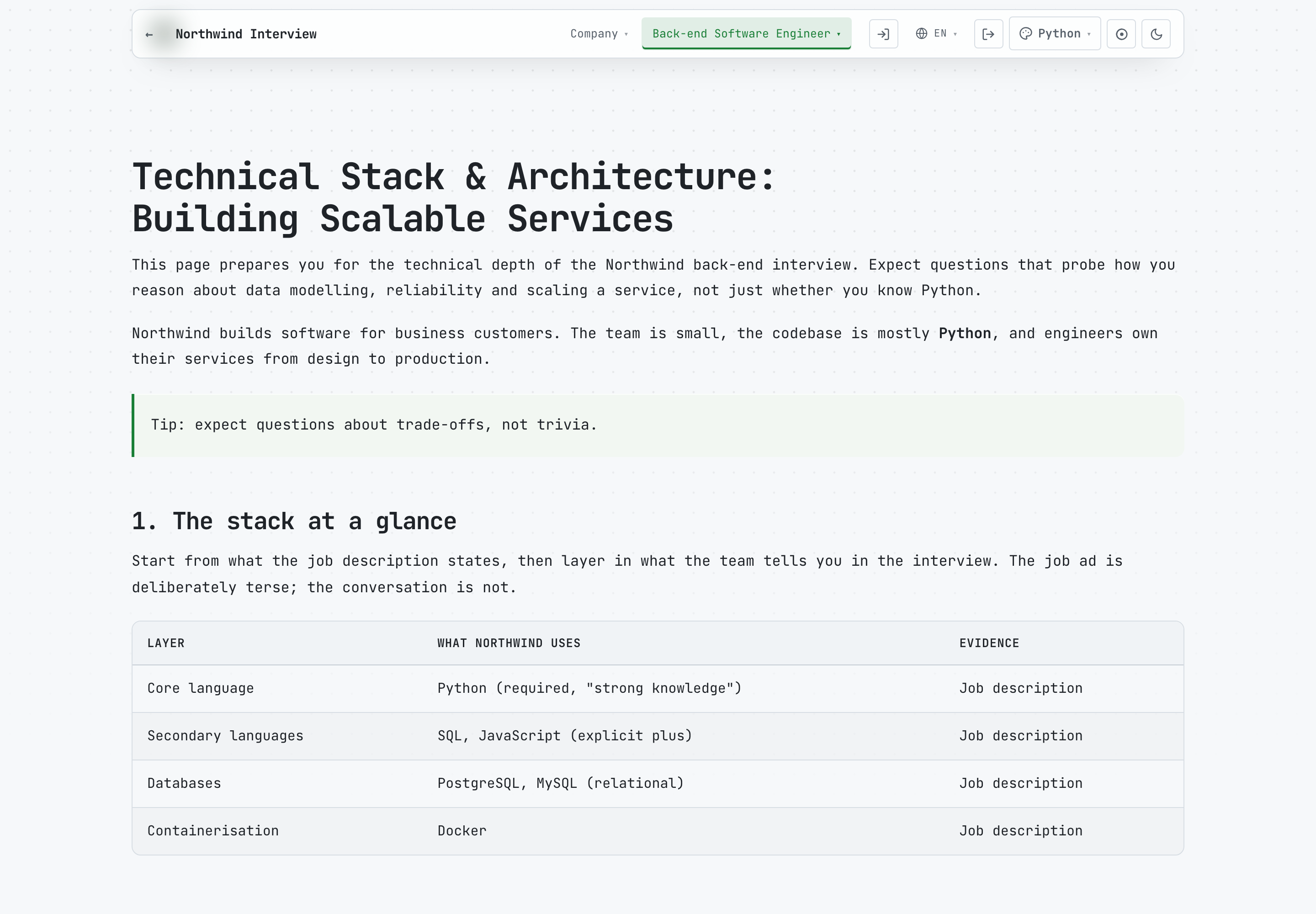 A page of a private prep site: the navigation bar, the page title, and the guide text with headings, a highlighted tip and a table.