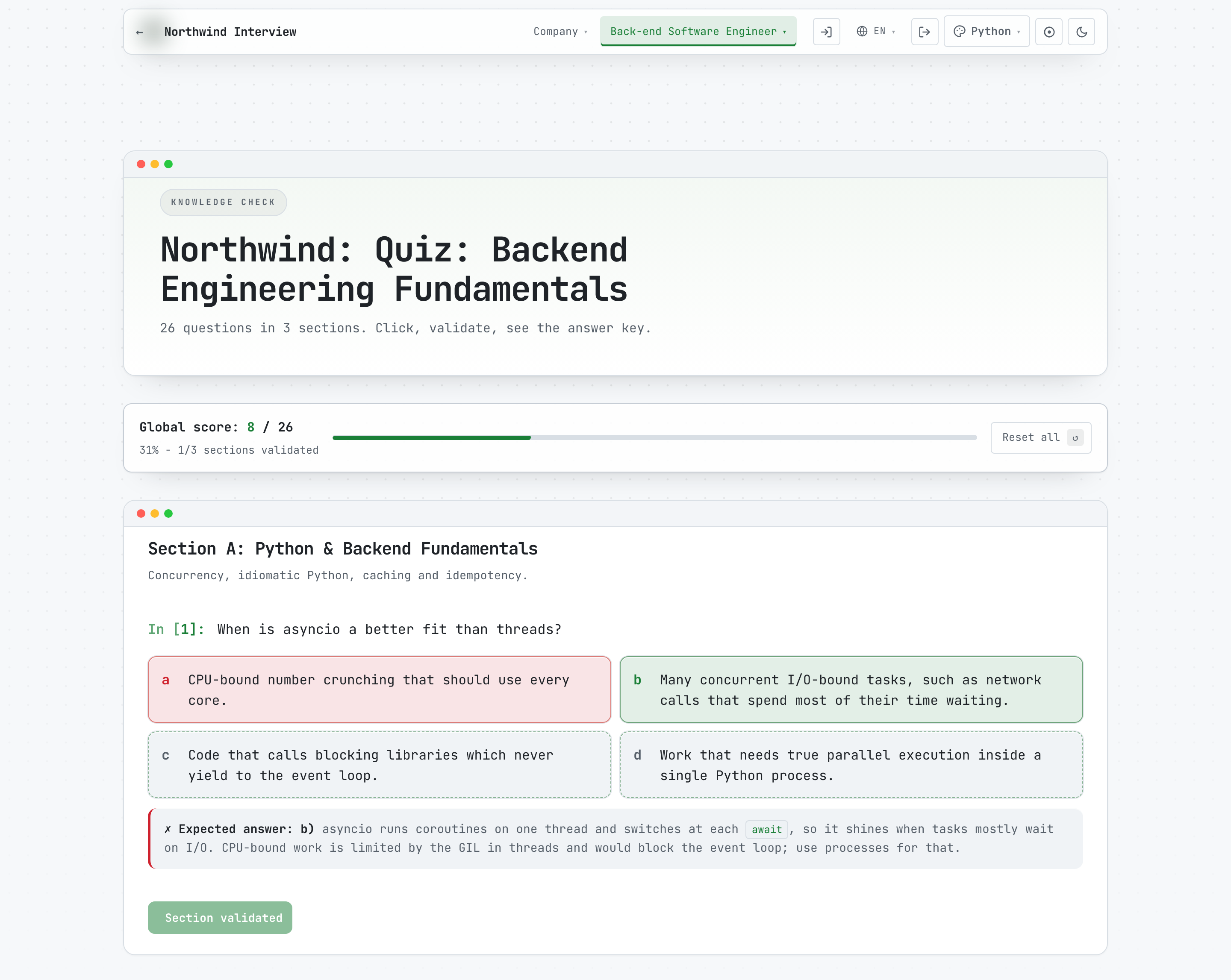 A quiz page from a generated guide: a global score bar and a question whose wrong answer is marked red and right answer green, with an explanation underneath.